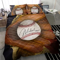 Personalized Baseball Quilt Bedding Set, Baseball Ball Glove US Flag Quilt Blanket With Pillowcases, Custom Name Duvet Cover Set, Sports Gifts