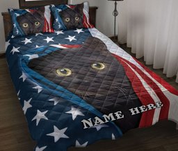 Personalized Black Cat,Cat Quilt Bedding Set, Black Cat Kitten Patriot American US Flag Quilt Blanket With Pillowcases, Duvet Cover Set