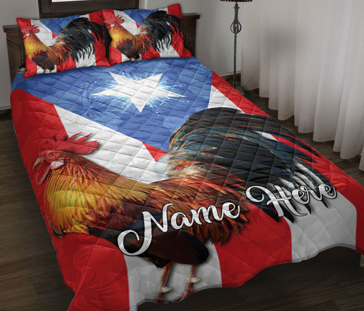 Personalized Puerto Rico Quilt Bedding Set, Puerto Rico Flag Rooster Flower Symbol Quilt Blanket With Pillowcases, Custom Name Duvet Cover Set