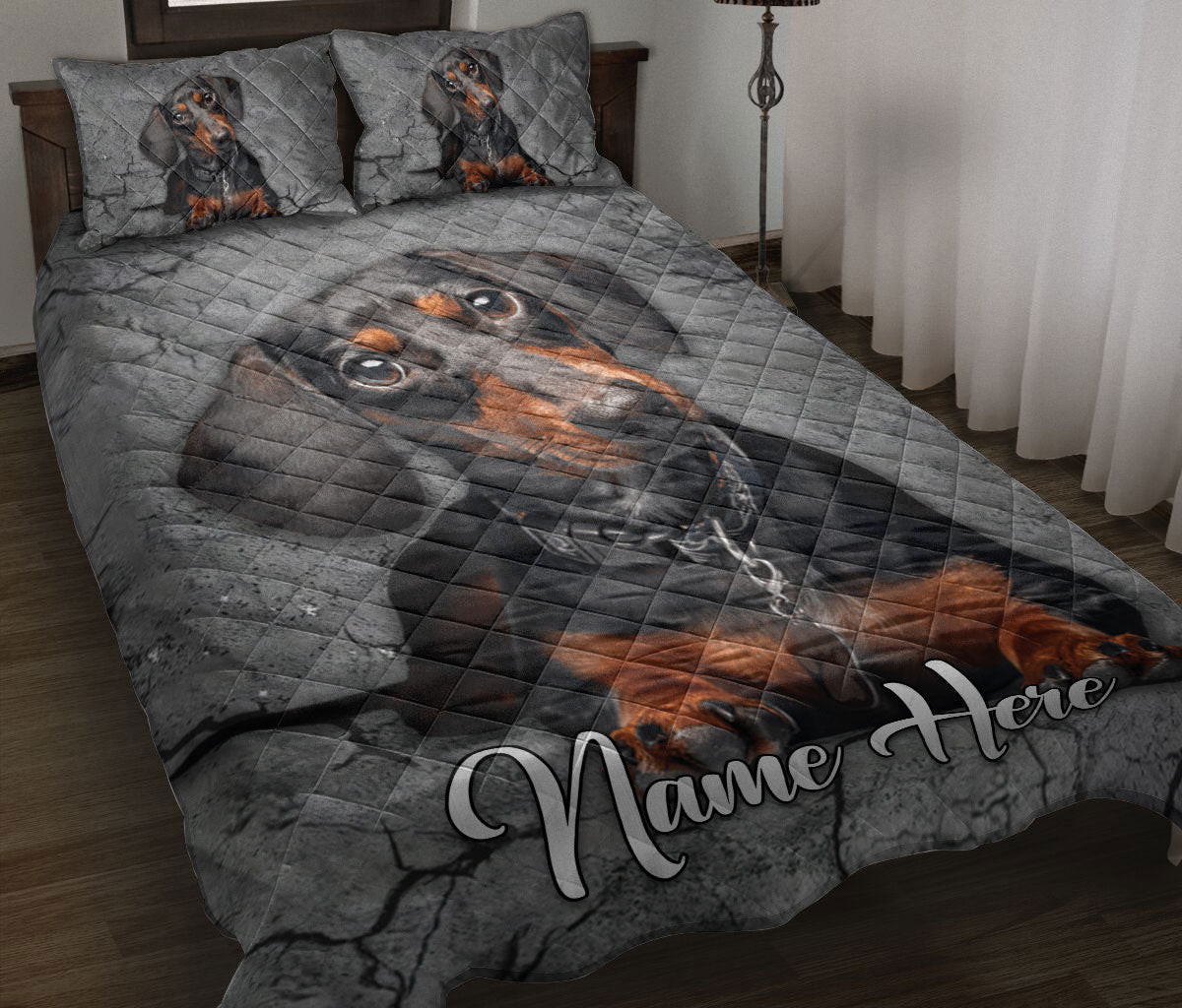 Personalized Dachshund Quilt Bedding Set, Black And Tan Dachshund Dog Crack Gray Sliver Quilt Blanket With Pillowcases, Duvet Cover Set