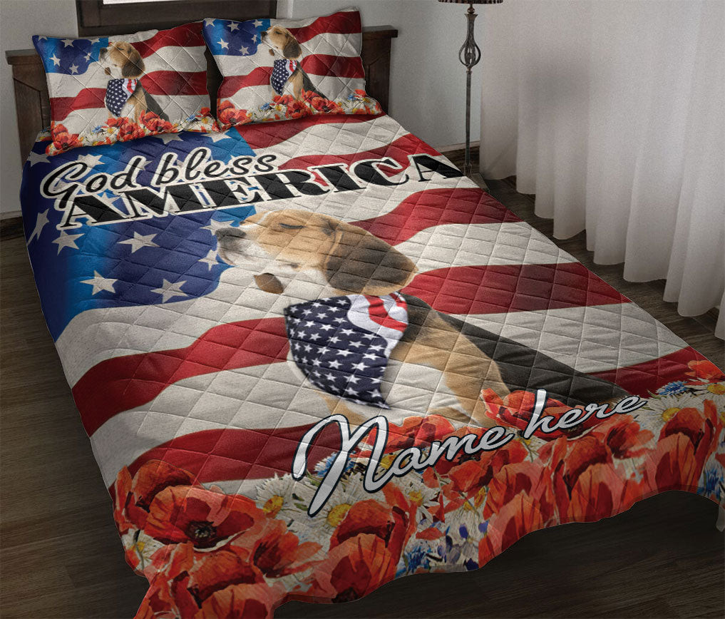 Personalized Beagle Quilt Bedding Set, Beagle Patriotic Dog God Bless US Flag Quilt Blanket With Pillowcases, Custom Name Duvet Cover Set