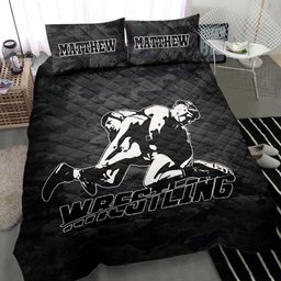 Personalized Wrestling Quilt Bedding Set, Wrestling Pose Wrestler Black Dark Quilt Blanket With Pillowcases, Custom Name Duvet Cover Set