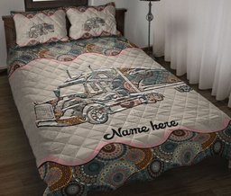 Personalized Trucker Quilt Bedding Set, Truck Floral Mandala Trucker Quilt Blanket With Pillowcases, Custom Name Duvet Cover Set