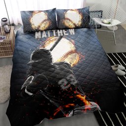 Personalized Baseball Quilt Bedding Set, Baseball Boy Fire Ball Batter Pose Quilt Blanket With Pillowcases, Duvet Cover Set
