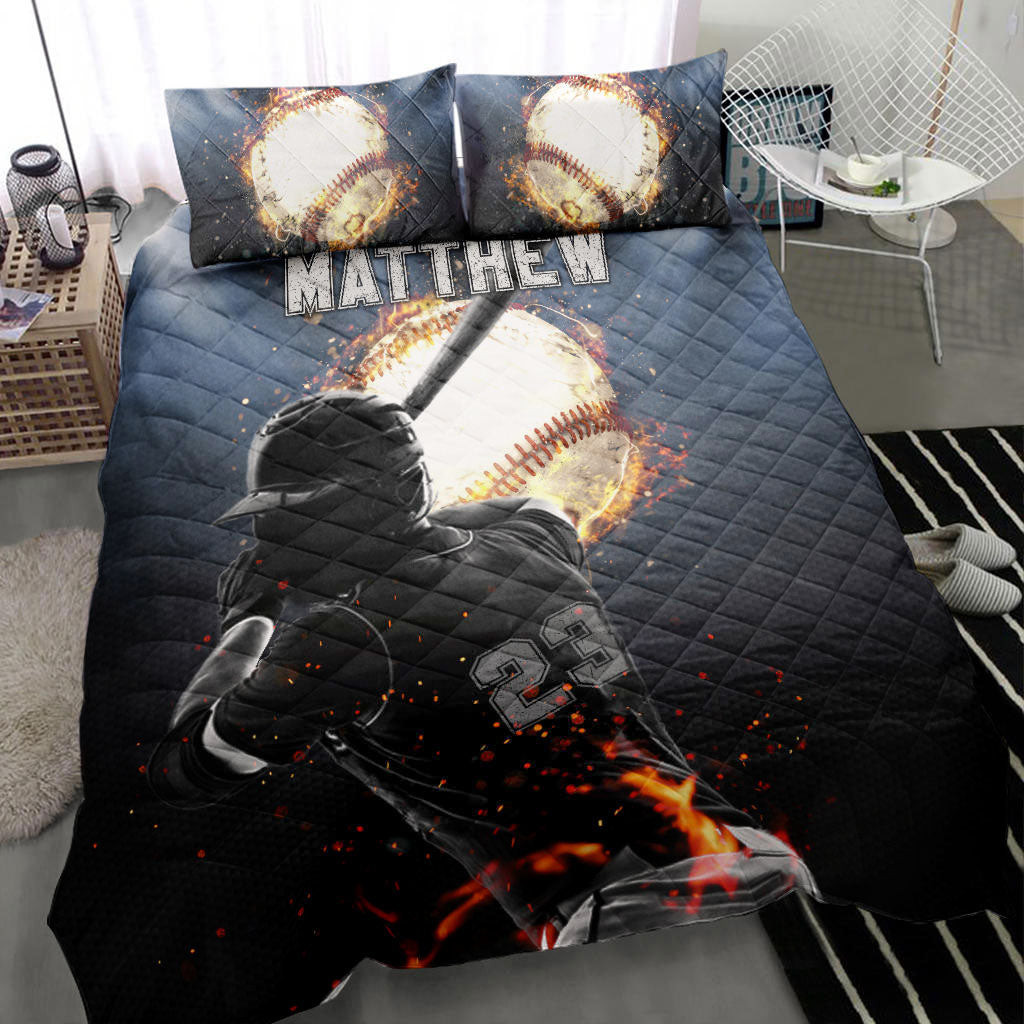Personalized Baseball Quilt Bedding Set, Baseball Boy Fire Ball Batter Pose Quilt Blanket With Pillowcases, Duvet Cover Set