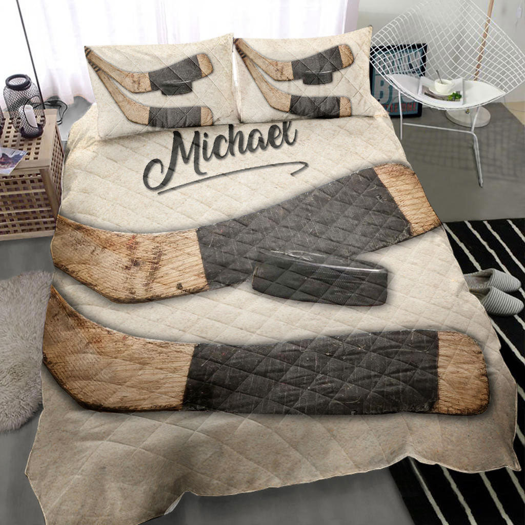 Personalized Hockey Quilt Bedding Set, Hockey Stick Puck Beige Quilt Blanket With Pillowcases, Custom Name Duvet Cover Set