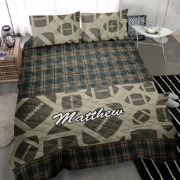 Personalized Football Quilt Bedding Set, Football Ball Checkered Quilt Blanket With Pillowcases, Custom Name Duvet Cover Set