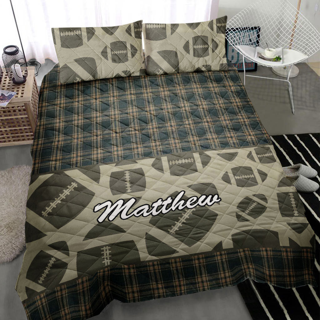 Personalized Football Quilt Bedding Set, Football Ball Checkered Quilt Blanket With Pillowcases, Custom Name Duvet Cover Set
