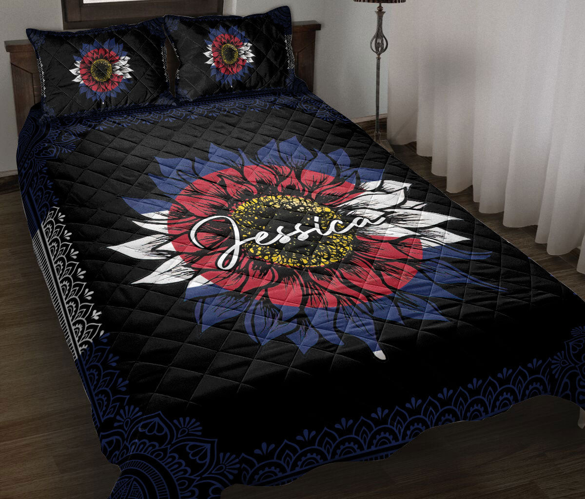 Personalized Colorado Quilt Bedding Set, Sunflower Colorado Flag Mandala Quilt Blanket With Pillowcases, Custom Name Duvet Cover Set