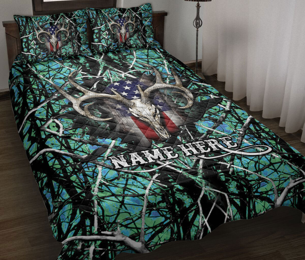 Personalized Hunting Quilt Bedding Set, Deer Hunting Green Deer Hunter Quilt Blanket With Pillowcases, Custom Name Duvet Cover Set