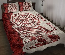 Personalized Firefighter Quilt Bedding Set, Firefighter Fire Truck Thin Red Line Quilt Blanket With Pillowcases, Custom Name Duvet Cover Set
