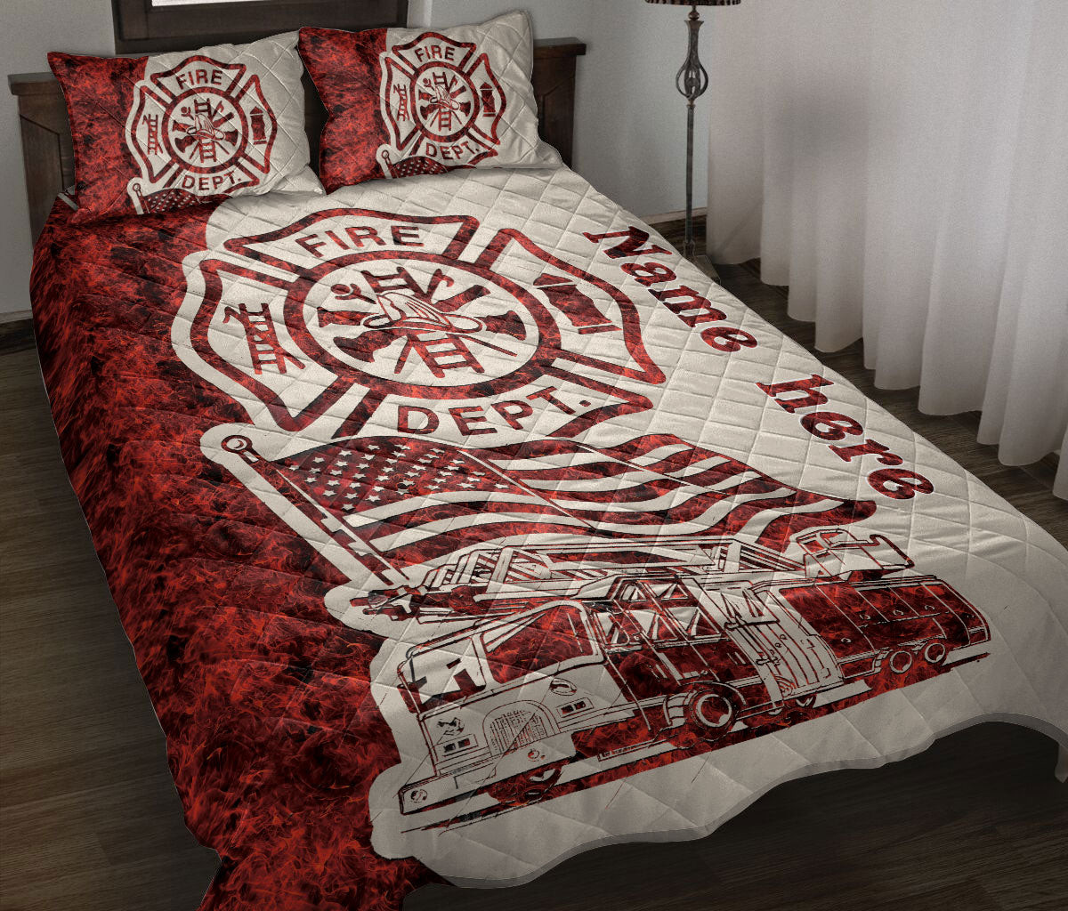 Personalized Firefighter Quilt Bedding Set, Firefighter Fire Truck Thin Red Line Quilt Blanket With Pillowcases, Custom Name Duvet Cover Set