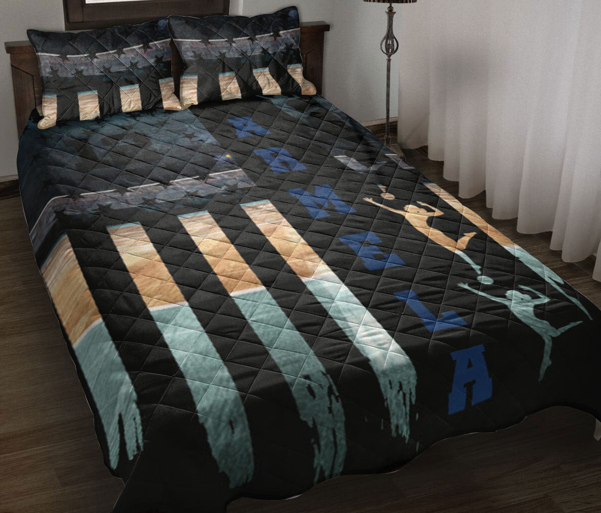 Personalized Volleyball Quilt Bedding Set, America US Flag Volleyball Girl Black Quilt Blanket With Pillowcases, Duvet Cover Set