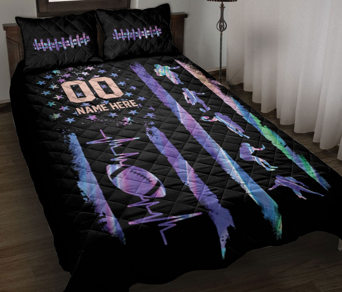 Personalized Football Quilt Bedding Set, Football Try To Score A Touchdown US Flag Quilt Blanket With Pillowcases, Duvet Cover Set