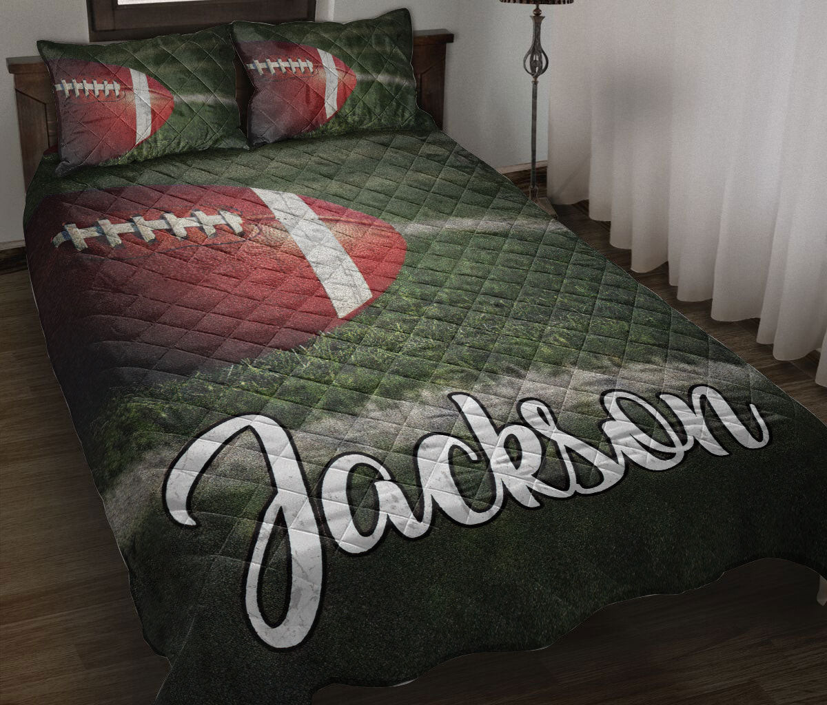 Personalized Football Quilt Bedding Set, Football Field Green Quilt Blanket With Pillowcases, Custom Name Duvet Cover Set
