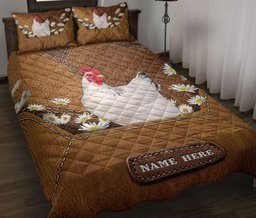 Personalized Chicken Quilt Bedding Set, Chicken With Daisy Flower Quilt Blanket With Pillowcases, Custom Name Duvet Cover Set
