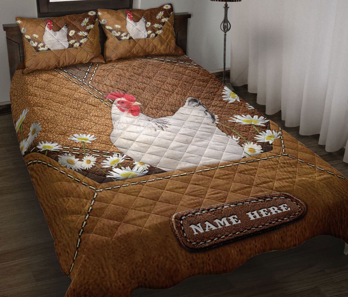 Personalized Chicken Quilt Bedding Set, Chicken With Daisy Flower Quilt Blanket With Pillowcases, Custom Name Duvet Cover Set