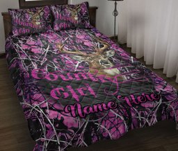 Personalized Hunting Quilt Bedding Set, Country Girl Love Deer Hunting Pink Quilt Blanket With Pillowcases, Custom Name Duvet Cover Set