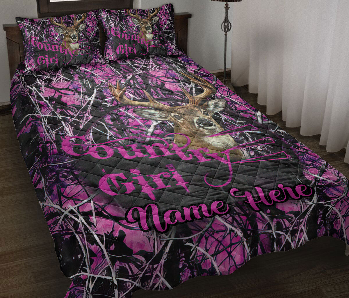 Personalized Hunting Quilt Bedding Set, Country Girl Love Deer Hunting Pink Quilt Blanket With Pillowcases, Custom Name Duvet Cover Set