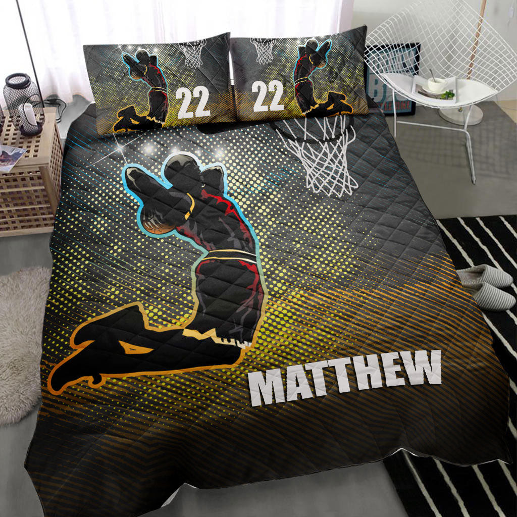 Personalized Basketball Quilt Bedding Set, Basketball Boy Player Slam Dunk Quilt Blanket With Pillowcases, Duvet Cover Set