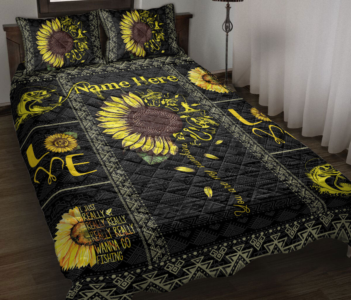Personalized Fishing Quilt Bedding Set, Fishing Sunflower Floral Quilt Blanket With Pillowcases, Custom Name Duvet Cover Set