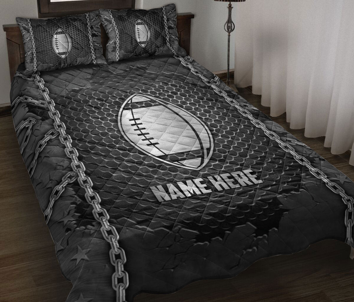 Personalized Football Quilt Bedding Set, American Football Iron Chains Quilt Blanket With Pillowcases, Custom Name Duvet Cover Set