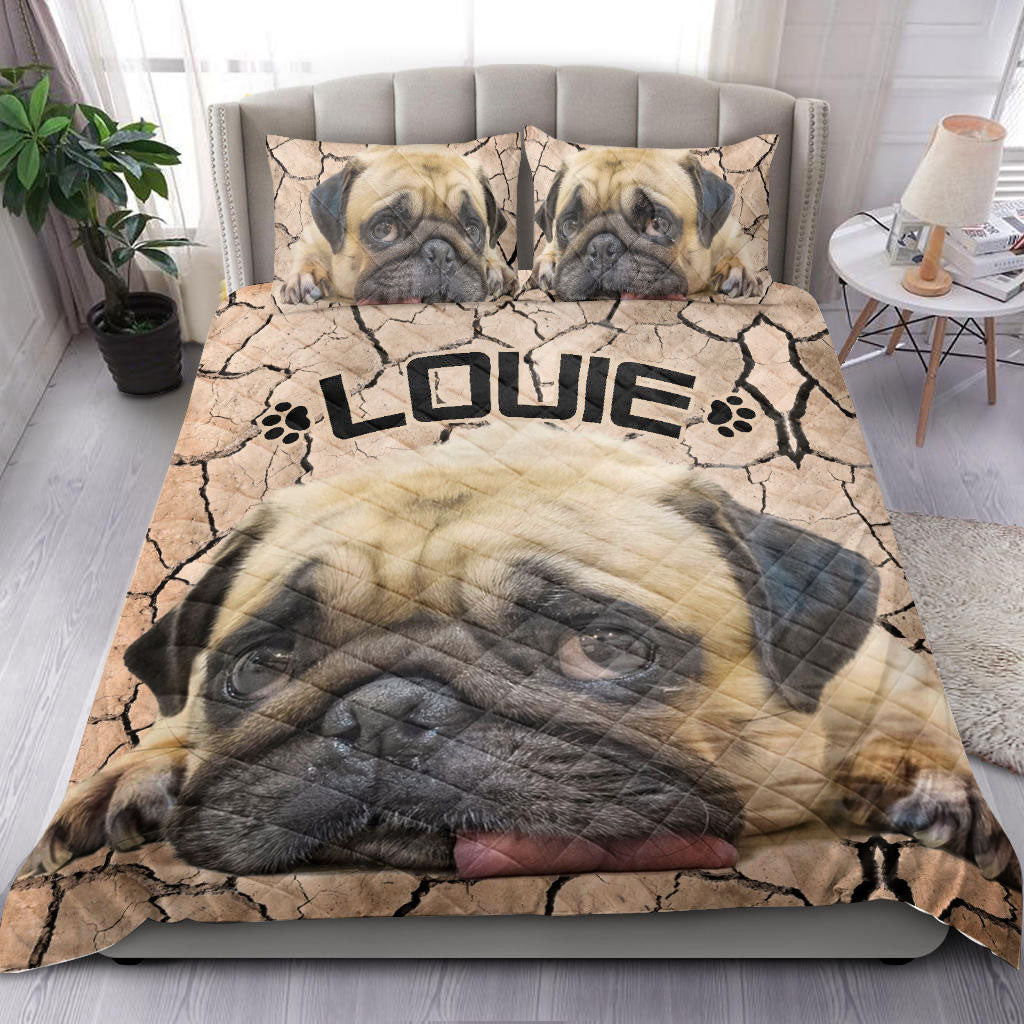 Personalized Pug Quilt Bedding Set, Funny Pug Face Dog Love Quilt Blanket With Pillowcases, Custom Name Duvet Cover Set