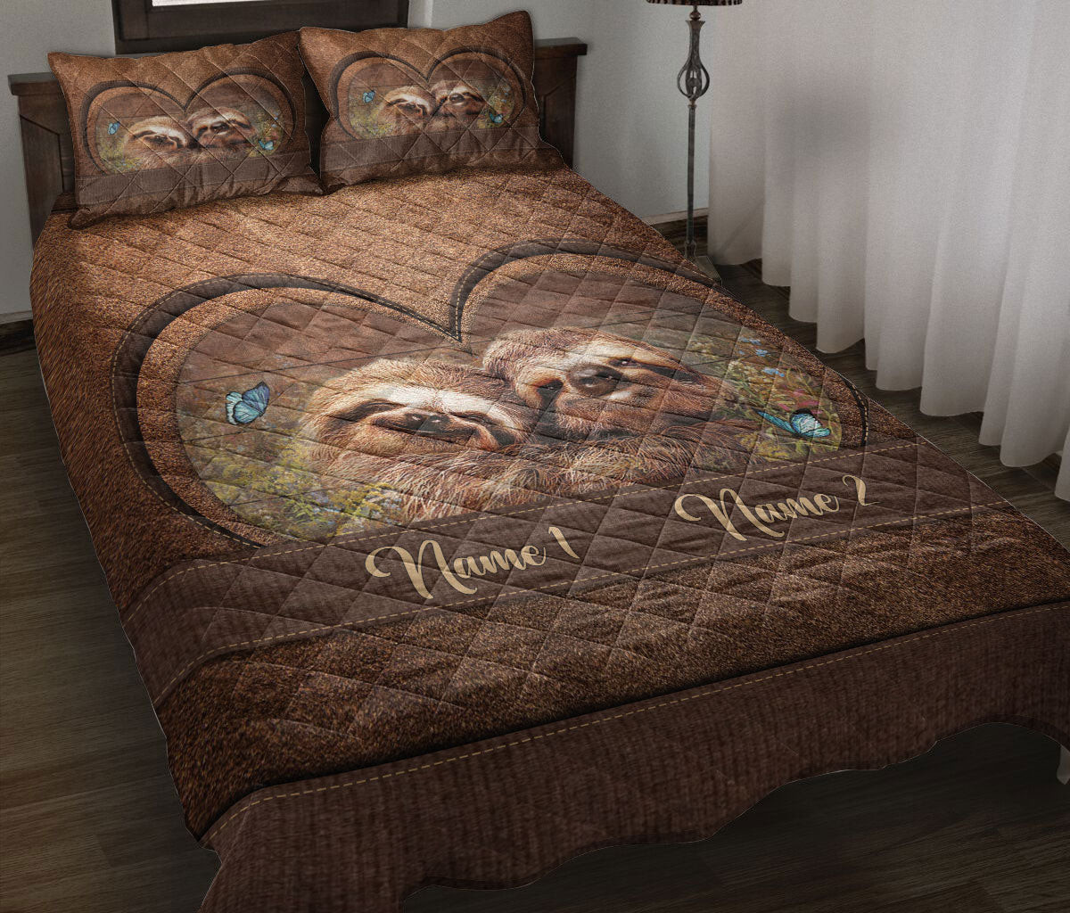 Personalized Sloth Quilt Bedding Set, Sloth Couples Couples Husband Wife Quilt Blanket With Pillowcases, Custom Name Duvet Cover Set