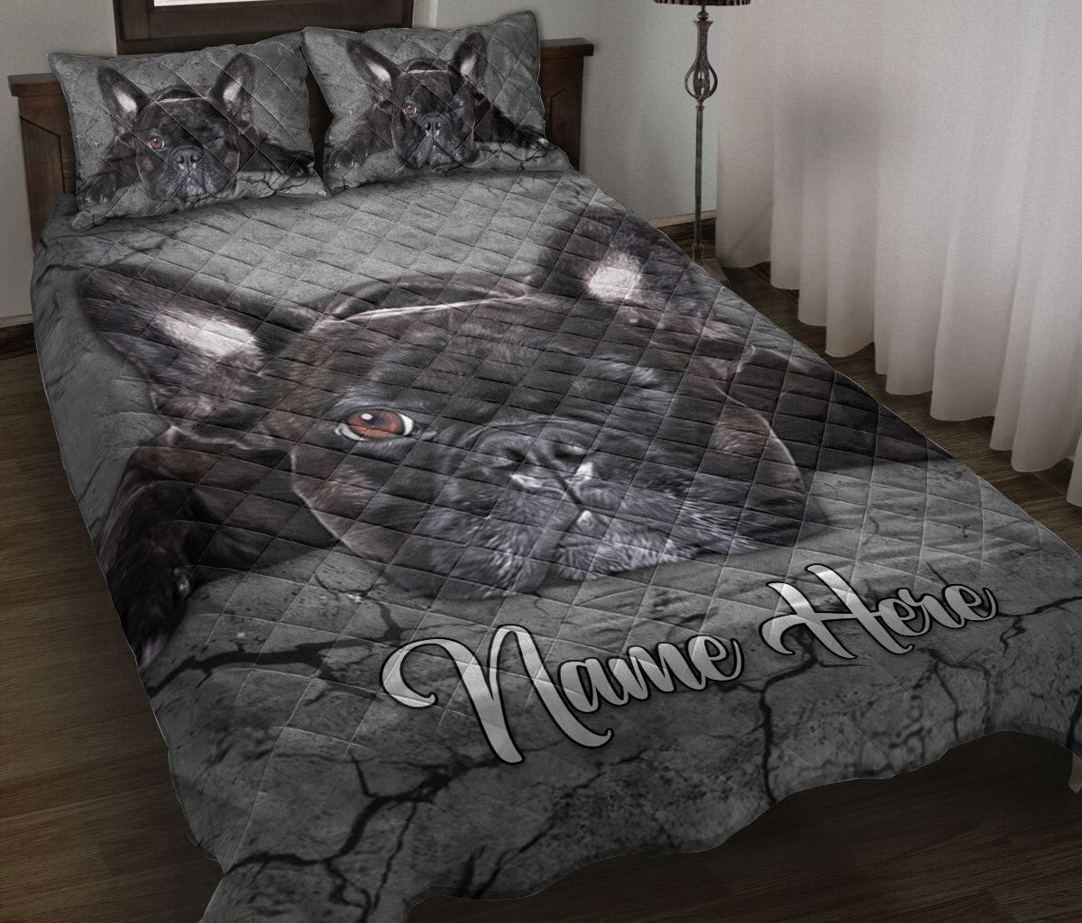 Personalized Bulldog Quilt Bedding Set, French Bulldog Crack Gray Sliver Quilt Blanket With Pillowcases, Custom Name Duvet Cover Set