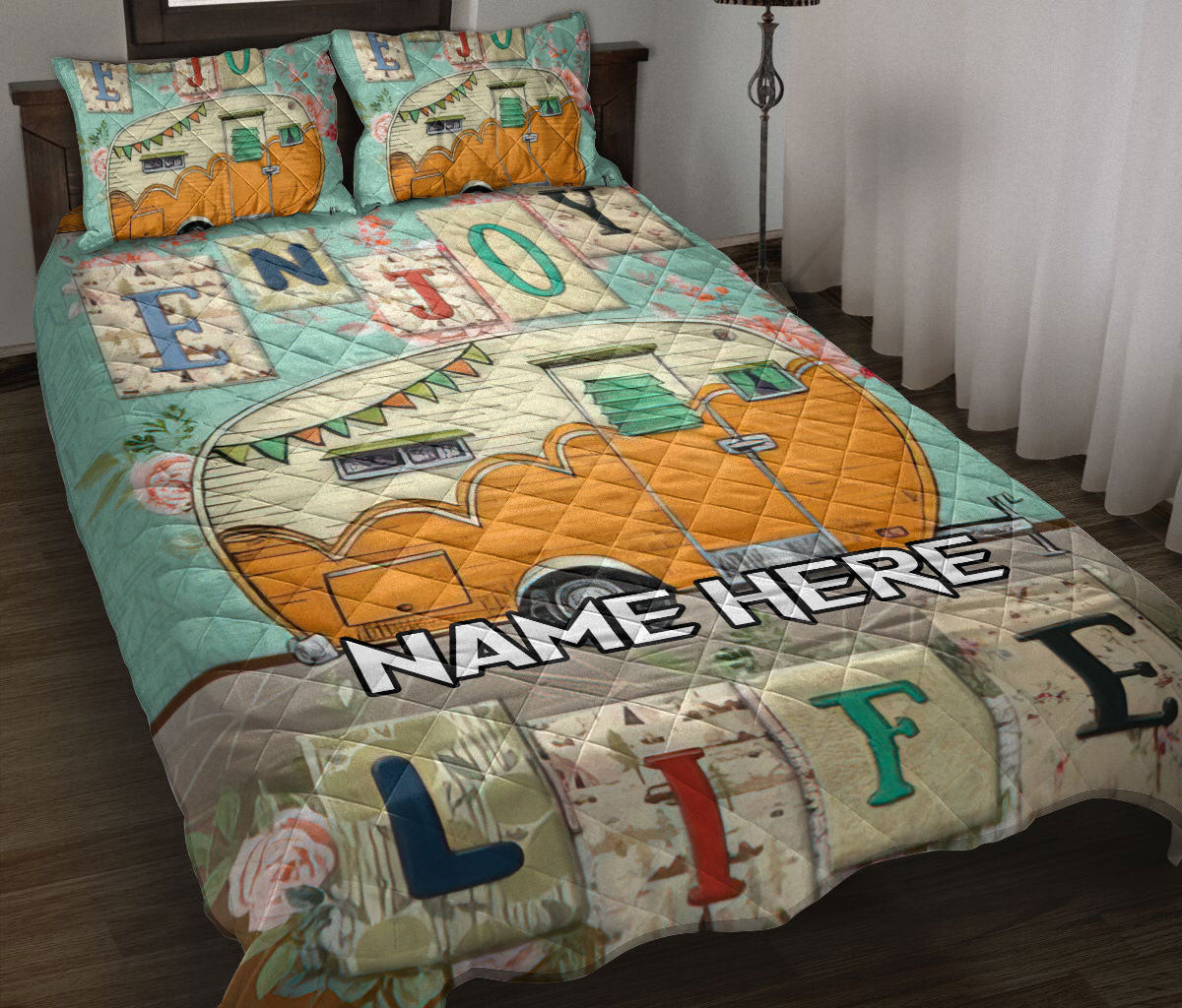 Personalized Camping Quilt Bedding Set, Camping Happy Camper Enjoy Flower Garden Floral Quilt Blanket With Pillowcases, Duvet Cover Set