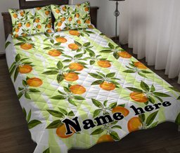 Personalized Fruit Quilt Bedding Set, Oranges Seamless Sprig Tangerines Leaves Quilt Blanket With Pillowcases, Custom Name Duvet Cover Set