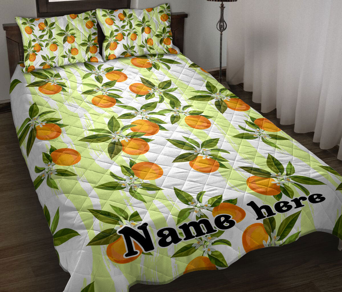 Personalized Fruit Quilt Bedding Set, Oranges Seamless Sprig Tangerines Leaves Quilt Blanket With Pillowcases, Custom Name Duvet Cover Set