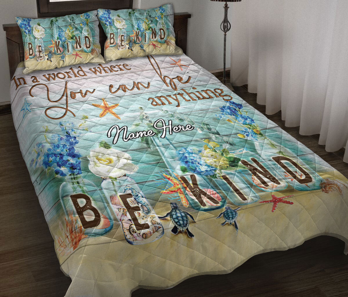 Personalized Ocean Quilt Bedding Set, Sea Ocean Beach Be Kind Flower Jar Wood Quilt Blanket With Pillowcases, Custom Name Duvet Cover Set