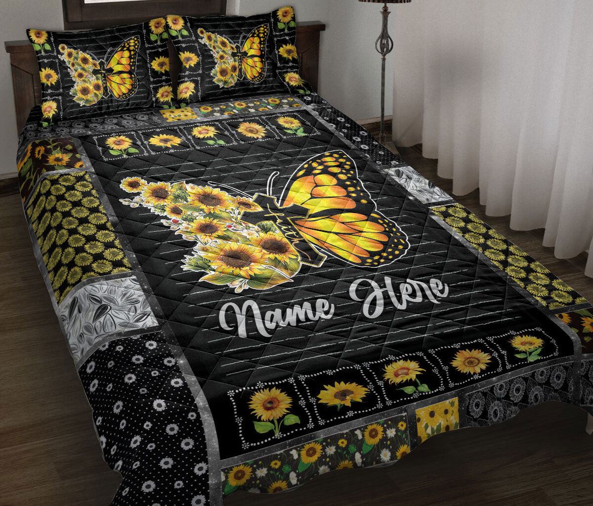 Personalized Christian, Jesus, God Quilt Bedding Set, God Faith Butterfly Sunflower Quilt Blanket With Pillowcases, Duvet Cover Set