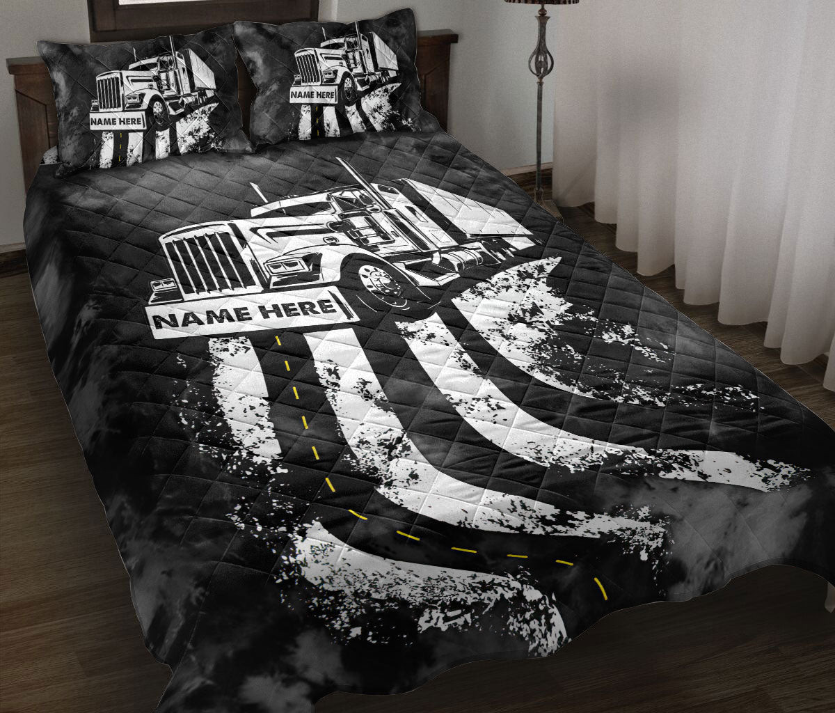 Personalized Trucker Quilt Bedding Set, Truck Black & White Trucker Trucker Driver Quilt Blanket With Pillowcases, Custom Name Duvet Cover Set
