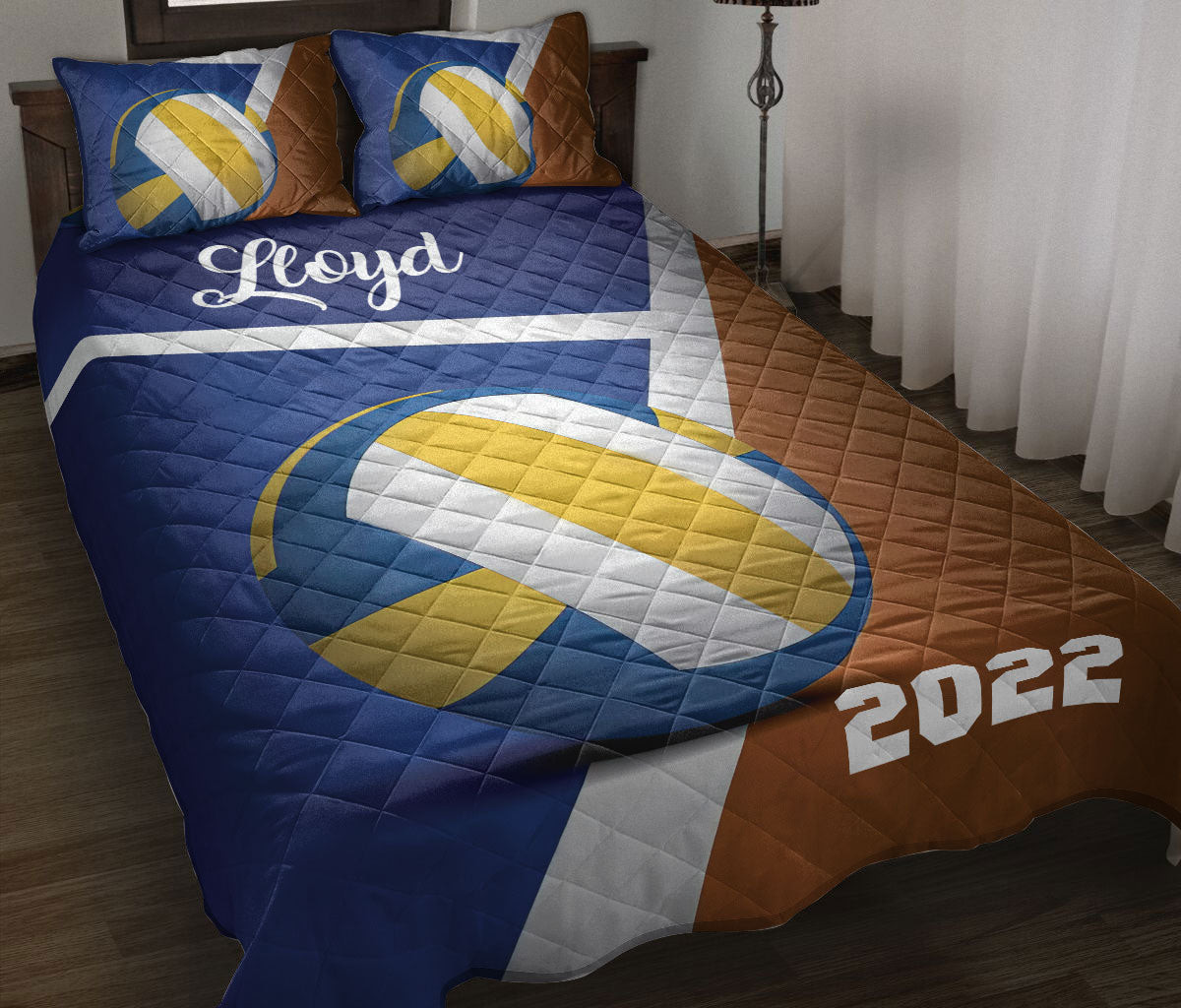 Personalized Volleyball Quilt Bedding Set, Volleyball Court Red Blue Volleyball Ball Quilt Blanket With Pillowcases, Duvet Cover Set