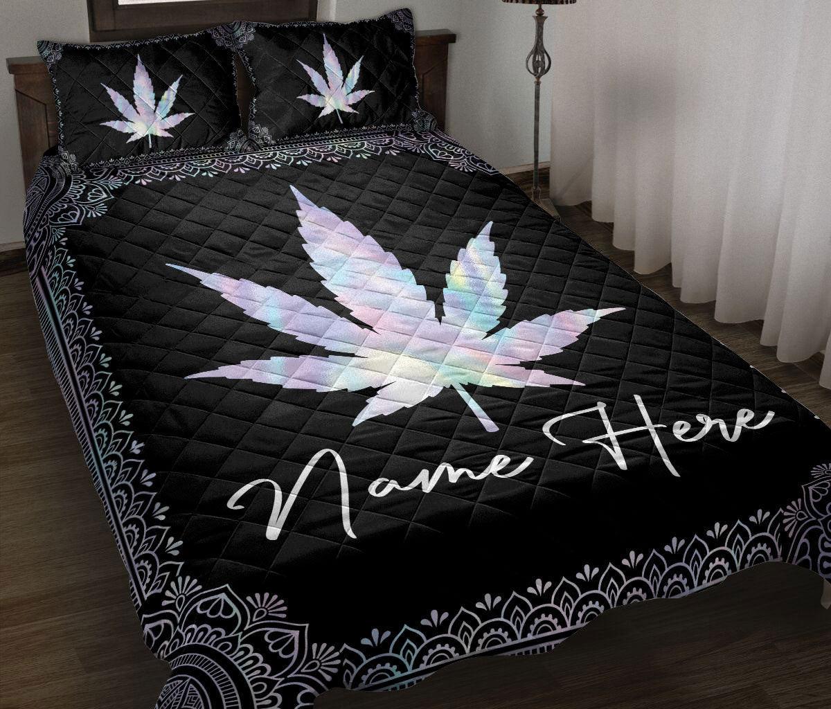 Personalized Quilt Bedding Set, Mari.Juana Leaves Canna.Bis Leaf We.Ed Quilt Blanket With Pillowcases, Custom Name Duvet Cover Set