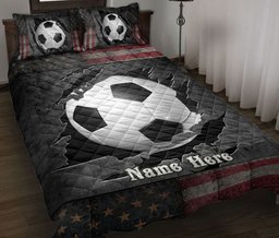 Personalized Soccer Quilt Bedding Set, Soccer US Flag Crack Quilt Blanket With Pillowcases, Custom Name Duvet Cover Set