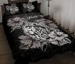 Personalized Turtle Quilt Bedding Set, Turtle White Hibisc USFlower Floral Polynesia Quilt Blanket With Pillowcases, Duvet Cover Set