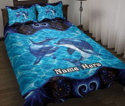 Personalized Dolphin Quilt Bedding Set, Love Dolphin Ocean Quilt Blanket With Pillowcases, Custom Name Duvet Cover Set