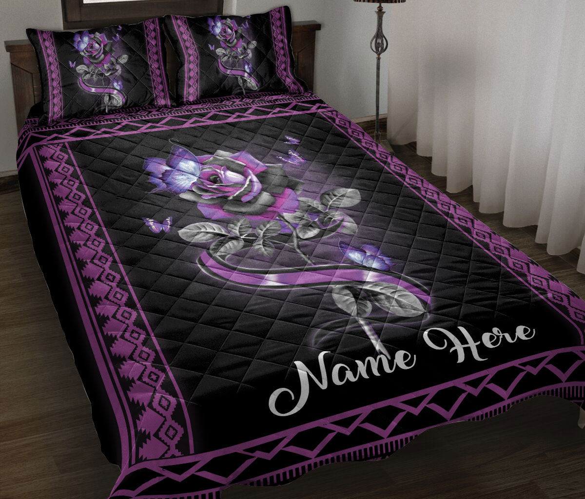 Personalized Butterfly Quilt Bedding Set, Butterfly Purple Rose Flower Floral Quilt Blanket With Pillowcases, Custom Name Duvet Cover Set