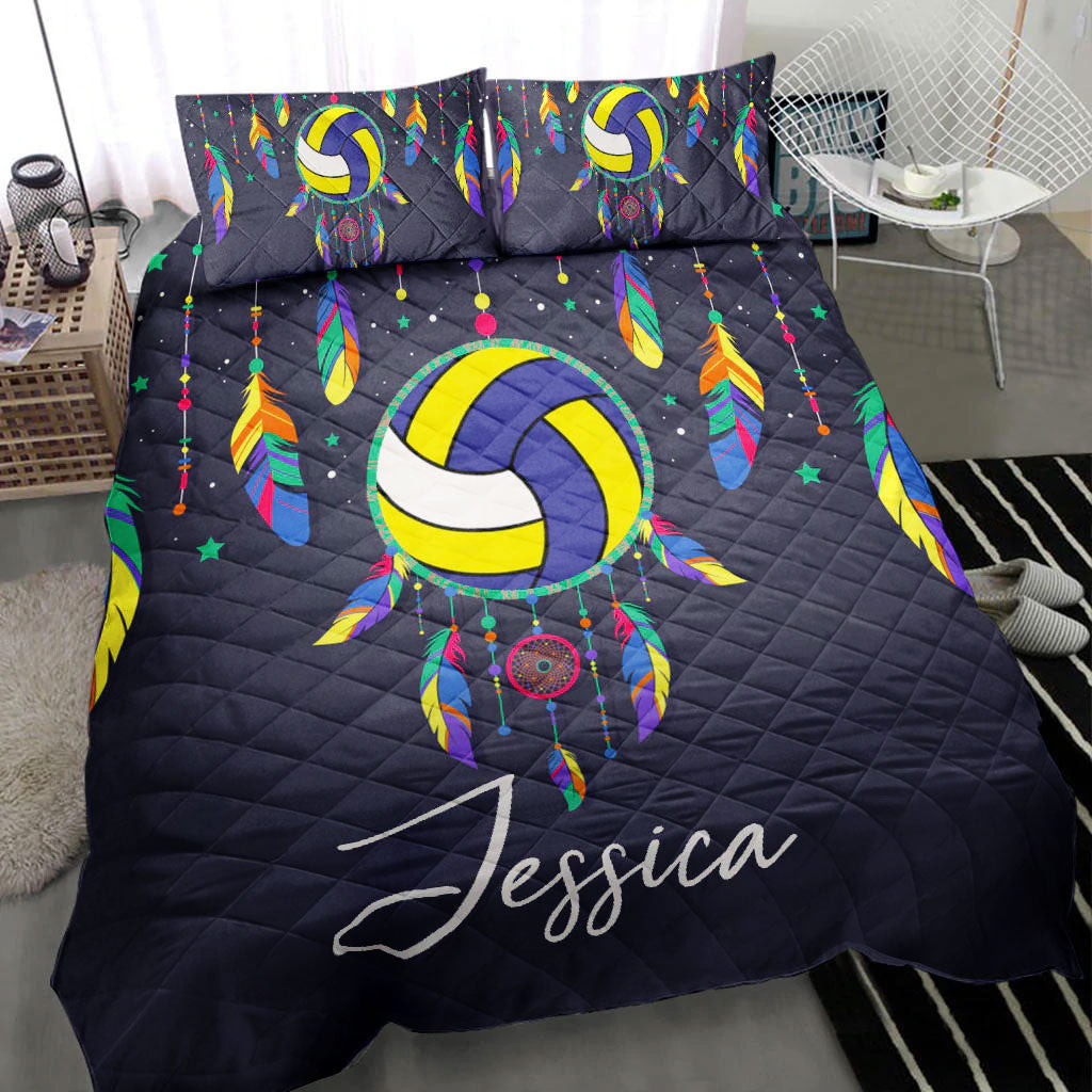 Personalized Volleyball Quilt Bedding Set, Volleyball Ball Dream Catcher Black Quilt Blanket With Pillowcases, Custom Name Duvet Cover Set