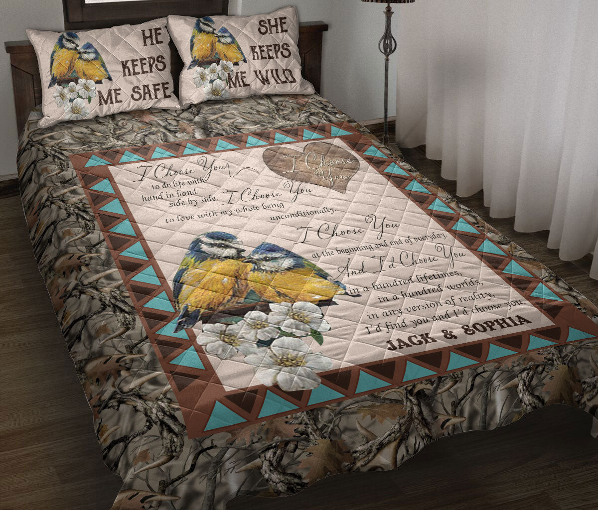 Personalized Quilt Bedding Set, Eurasian Blue Tit Couple I Choose You Anniversary Quilt Blanket With Pillowcases, Custom Name Duvet Cover Set