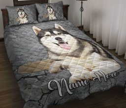 Personalized Husky Quilt Bedding Set, Husky Sibir Crack Gray Sliver Quilt Blanket With Pillowcases, Custom Name Duvet Cover Set