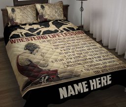 Personalized Wrestling Quilt Bedding Set, Wrestling Lessons Beige Quilt Blanket With Pillowcases, Custom Name Duvet Cover Set