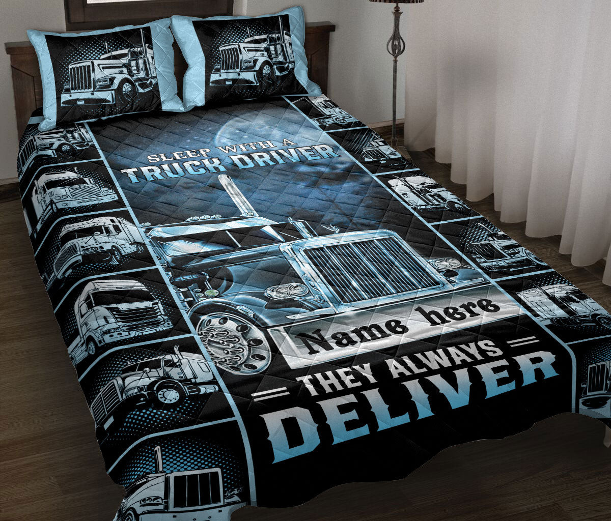Personalized Trucker Quilt Bedding Set, Sleep With A Truck Driver They Always Deliver Quilt Blanket With Pillowcases, Duvet Cover Set