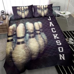 Personalized Bowling Quilt Bedding Set, Bowling Pin Old School Black Quilt Blanket With Pillowcases, Custom Name Duvet Cover Set