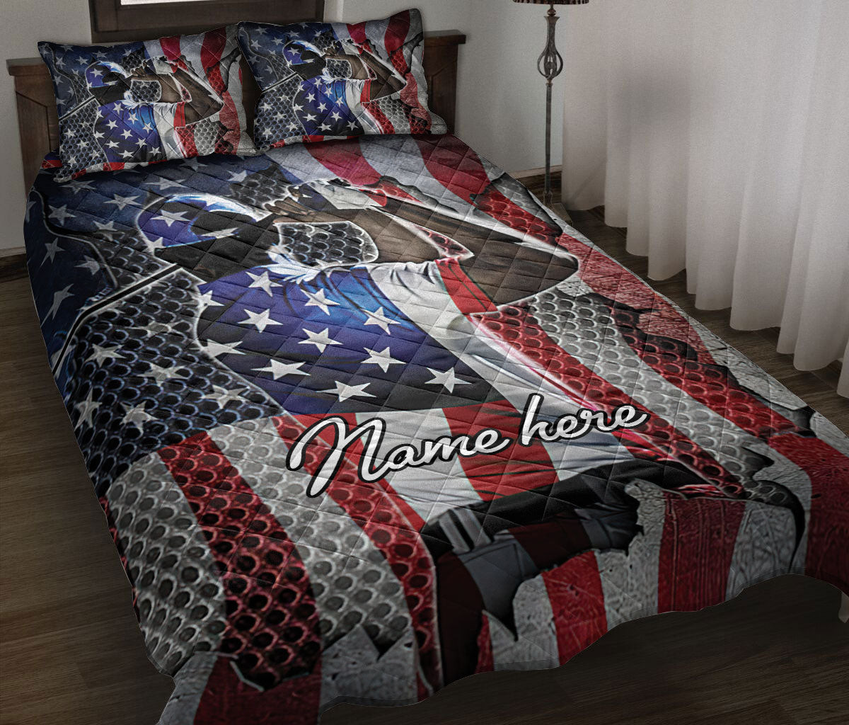 Personalized Golf Quilt Bedding Set, Patriotic Golf Player US Flag Golfer Quilt Blanket With Pillowcases, Custom Name Duvet Cover Set