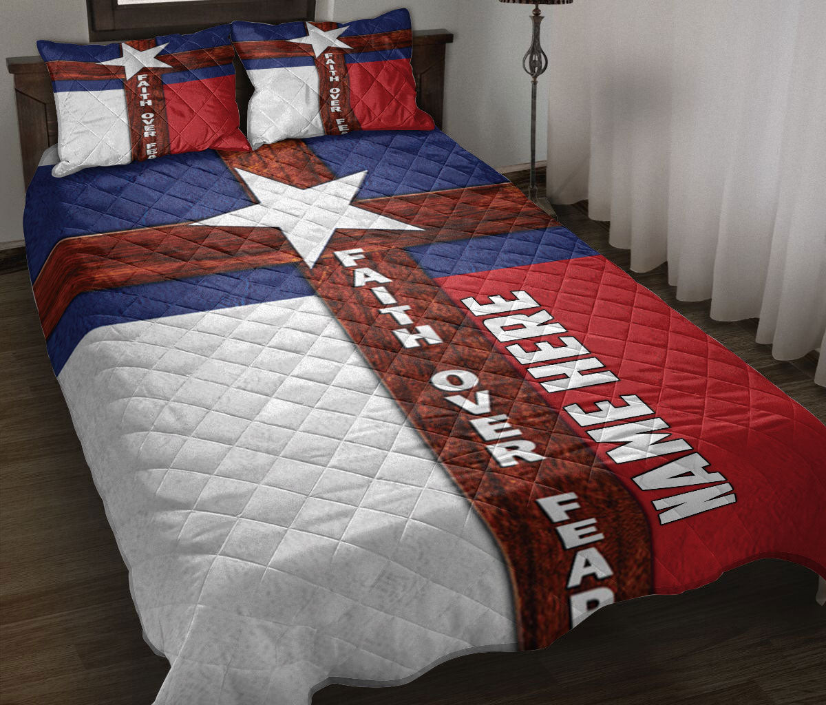Personalized Texas Quilt Bedding Set, Texas Flag Cross Faith Over Fear Wild West Western Texas Quilt Blanket With Pillowcases, Duvet Cover Set