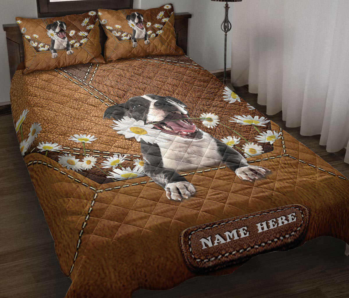 Personalized American Staffordshire Quilt Bedding Set, American Staffordshire Bull Terrier Dog Daisy Flower Quilt Blanket With Pillowcases, Duvet Cover Set